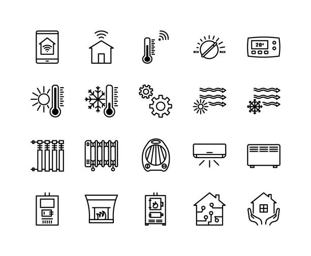 ilustrações de stock, clip art, desenhos animados e ícones de climate control flat line icons set. heating, ventilating and air conditioning symbols. simple flat vector illustration for clinic, web site or mobile app - thermostat