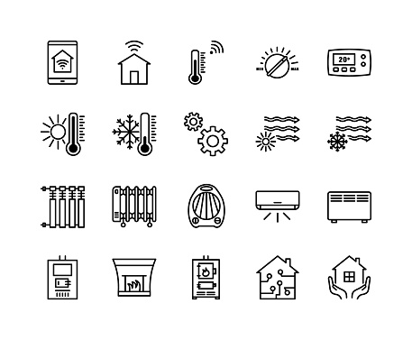 Climate control flat line icons set. Heating, ventilating and air conditioning symbols. Simple flat vector illustration for clinic, web site or mobile app.