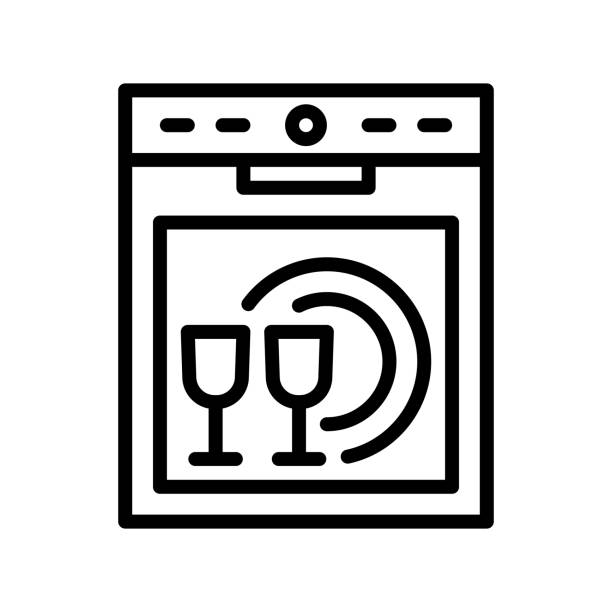 Dishwasher flat line icon. Household appliance for washing utensil, dishware. Outline sign for mobile concept and web design, store Dishwasher flat line icon. Household appliance for washing utensil, dishware. Outline sign for mobile concept and web design, store. dishwasher stock illustrations
