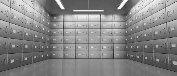 Bank safe boxes with closed steel doors in underground vault. Realistic interior empty room with metal deposit lockers, locks and handles for money storage. Secure banking service concept, 3d render