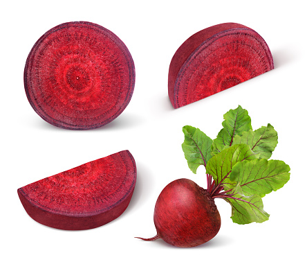 Beetroot with leaves, fresh whole_and sliced beet isolated on white background. Set. Collection