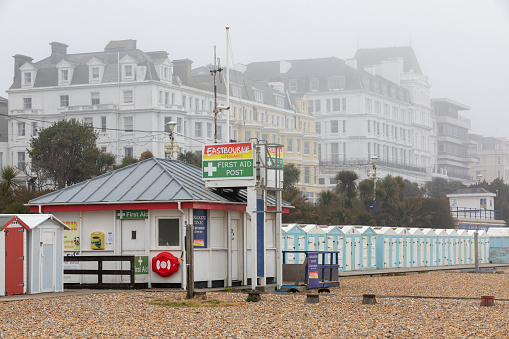 Eastbourne, UK: Mar 3, 2021: A Lifeguards Cabin is seen here outside of duty hours at Eastbourne