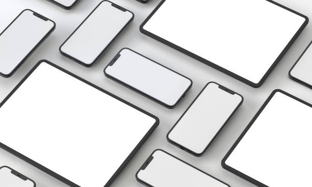 istock Top view of 3d image rendering of grid devices technologic tablet and smart phone 1338074299