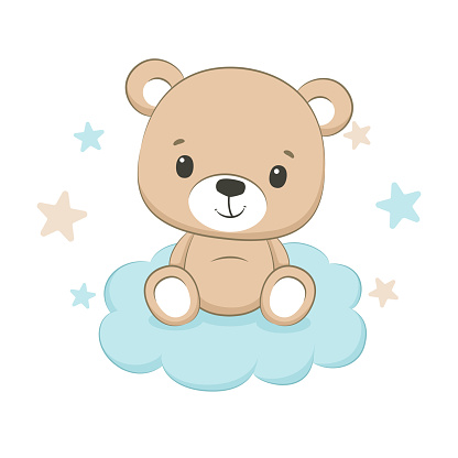 Cute baby bear with cloud and stars. Vector illustration.