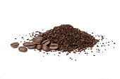 instant granules coffee with roasted coffe bean isolated on white background.