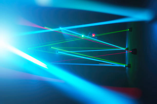 istock Laser beams in dark room, fun house concept 1338074683
