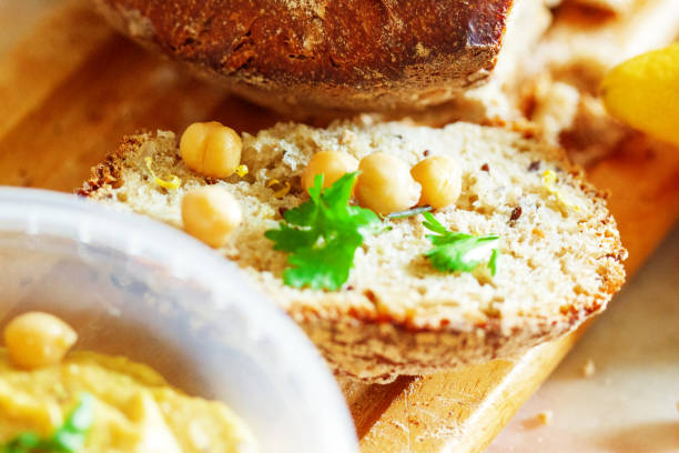 Homemade organic bread and hummus, vegan