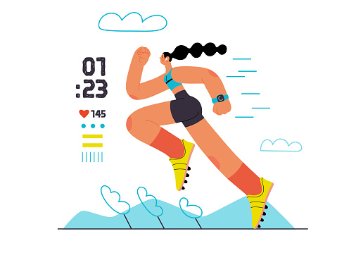 Runner, sprint run, track and field athlete. Flat vector concept illustration of a young woman wearing boots, running at the sadium. Healthy activity lifestyle. Park, trees, hills landscape at dawn