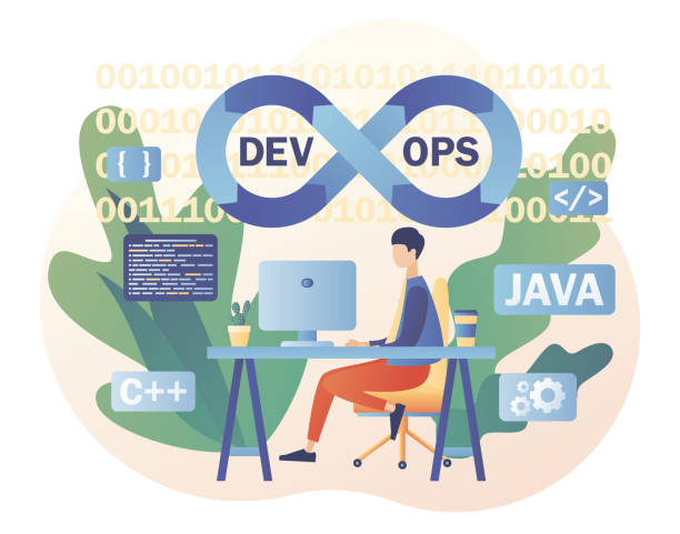 Tiny programmer practice of development and software operations. DevOps process. Software engineering culture. Modern flat cartoon style. Vector illustration on white background Tiny programmer practice of development and software operations. DevOps process. Software engineering culture. Modern flat cartoon style. Vector illustration human life cycle cartoon stock illustrations