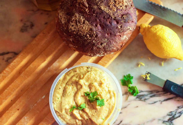 Homemade organic bread and hummus, vegan