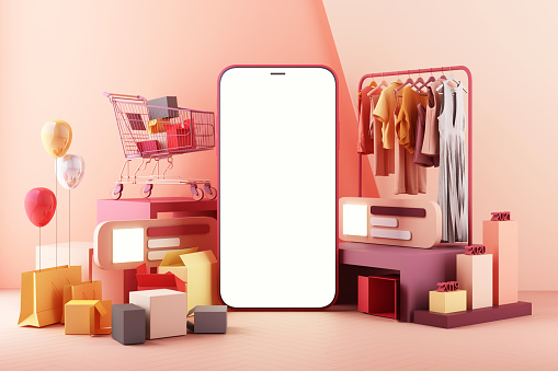 the concept of online women shopping clothes on social media app. 3d Smartphone screen with shopping bag, chat message, shopping cart on pink pastel color 3d rendering