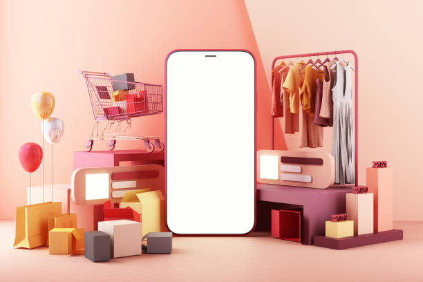 o conceito de mulheres online comprando roupas no aplicativo de mídia social.3d tela de smartphone com saco de compras, mensagem de bate-papo, carrinho de compras na cor pastel rosa 3d renderização - pink nobody concepts and ideas business - fotografias e filmes do acervo