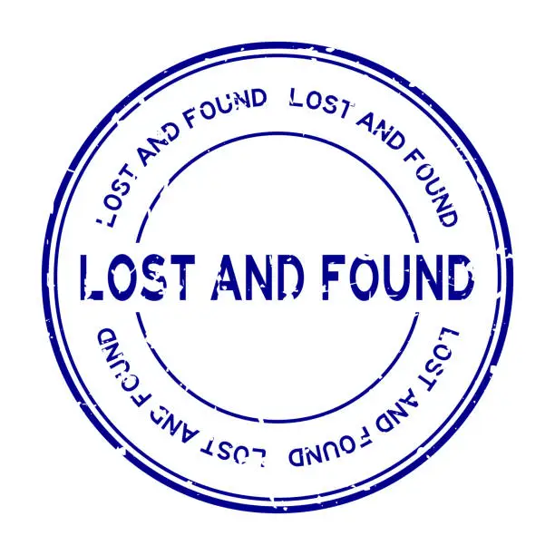 Vector illustration of Grunge blue lost and found word round rubber seal stamp on white background