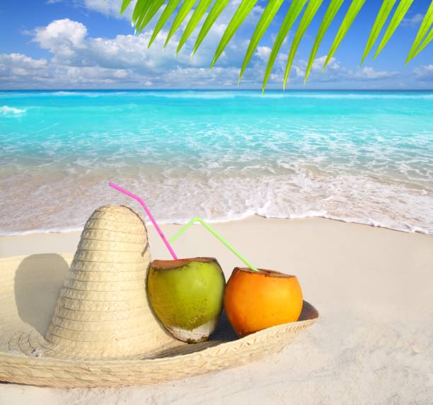 istock Coconuts in Caribbean beach on mexico sombrero hat 1338084945