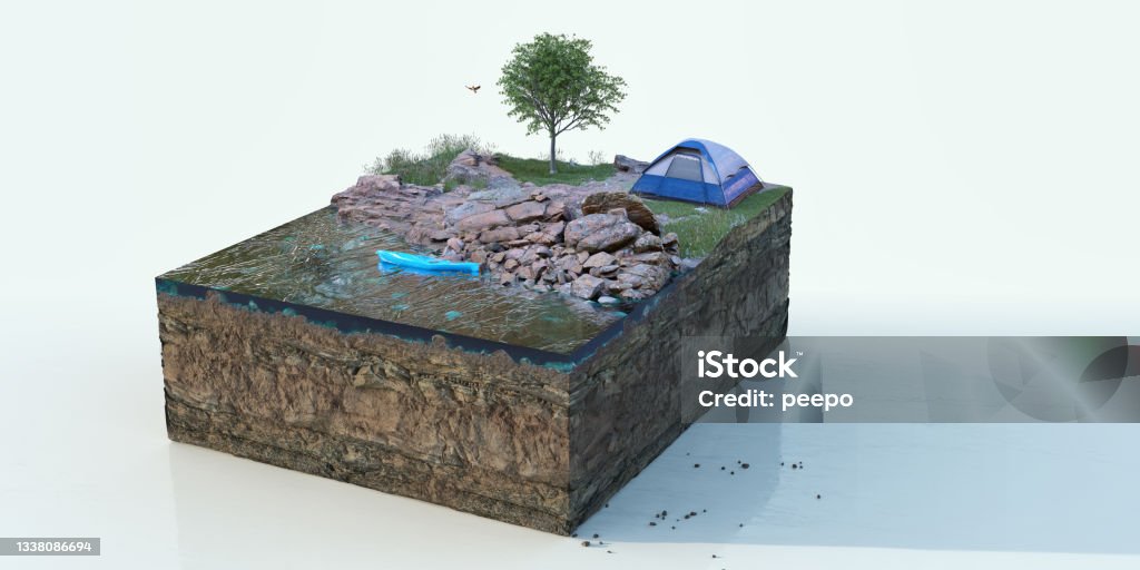 A Square Cross Section Of Ground With Lake, Rocks, Grass, Flowers and Tree Beside a Pitched Camping Tent Camping scene with camping tent pitched on a flat grassy pitch near a tree close to rocks and a body of water. A blue kayak is in the water and a bird is flying around the tree. A large cross section of earth and rocks is exposed underneath. Dirt Stock Photo