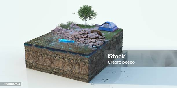 A Square Cross Section Of Ground With Lake Rocks Grass Flowers And Tree Beside A Pitched Camping Tent Stock Photo - Download Image Now