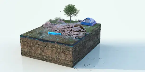 Photo of A Square Cross Section Of Ground With Lake, Rocks, Grass, Flowers and Tree Beside a Pitched Camping Tent