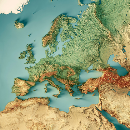 3D Render of a Topographic Map of Europe, including the region to the Ural mountains in the east and the northern part of Africa in the south. 
All source data is in the public domain.
Color texture: Made with Natural Earth. 
http://www.naturalearthdata.com/downloads/10m-raster-data/10m-cross-blend-hypso/
Relief texture: GMTED2010 data courtesy of USGS. URL of source image: https://topotools.cr.usgs.gov/gmted_viewer/viewer.htm 
Water texture: HIU World Water Body Limits: http://geonode.state.gov/layers/?limit=100&offset=0&title__icontains=World%20Water%20Body%20Limits%20Detailed%202017Mar30
