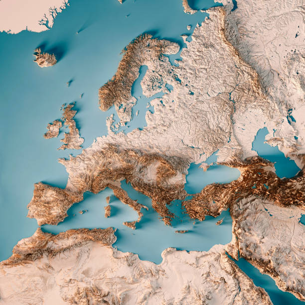 europa extended 3d render mappa topografica neutrale - mar mediterraneo foto e immagini stock