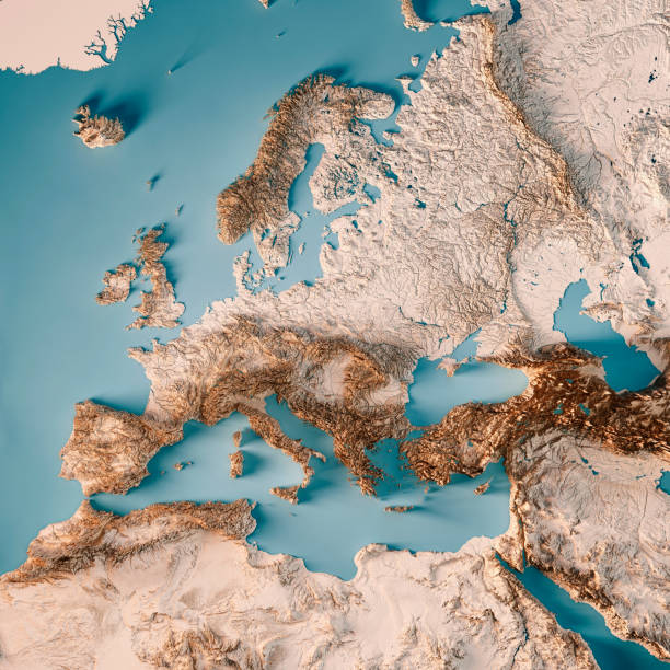 europe extended 3d render topographic map neutral - continente área geográfica imagens e fotografias de stock