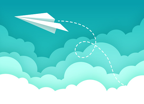 Flying paper airplane cloudscape with blue sky fluffy clouds cartoon background.