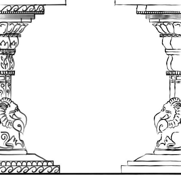 Indian Temple Aesthetics - Column Sketch of a Chola Style Architecture Pillar, with a Makara at the base. Used as borders or decoration to give that vintage - ancient vibe and feel. tamil temple stock illustrations