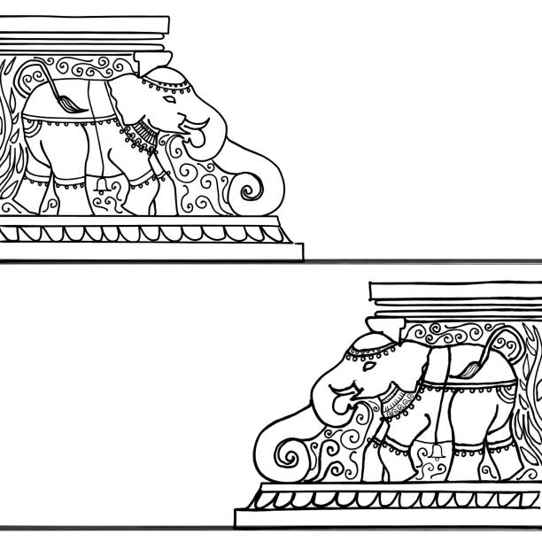 Indian Temple Aesthetics - Stairs Sketch of a ornate Indian temple stairway with a elephant. Used as borders or decoration to give that vintage - ancient vibe and feel. tamil temple stock illustrations