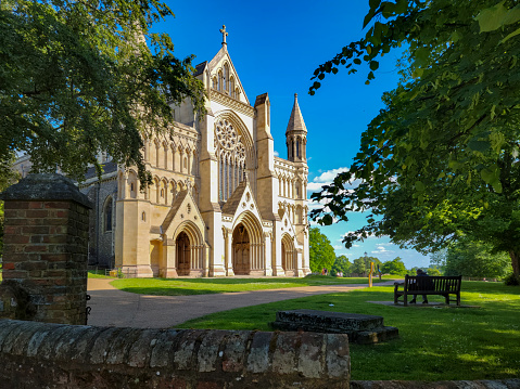 St Albans Cathedral on a sunny July day in 2021. St Albans, Hertfordshire, England, UK.