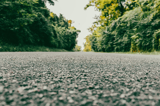 Low angle view on an asphalt road leading to an unknonwn point in the forest. Diminishing perspective. Selective focus. Copy space.