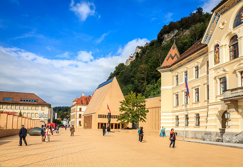 Vaduz, Liechtenstein, September 27, 2015: A pedestrian street in the center of Vaduz - a capital of Liechtenstein