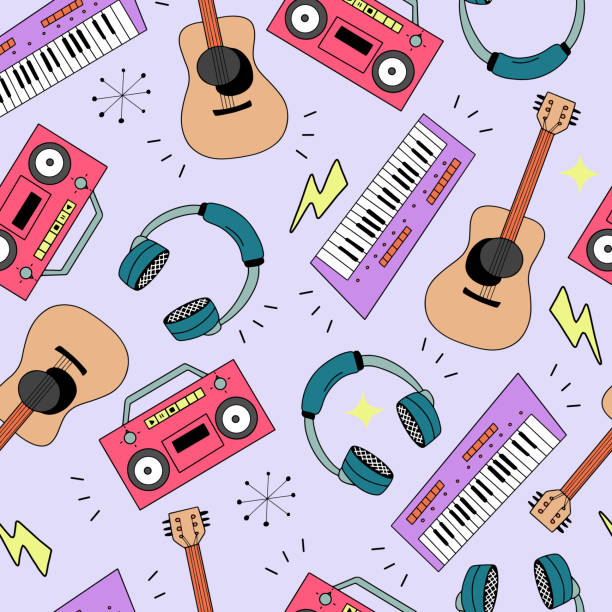 Seamless pattern Vector seamless pattern with vintage music instruments from 80-s and 90-s electric piano stock illustrations