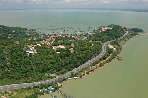 Aerial view of rural city view with bridge and sea in Songkhla, Thailand