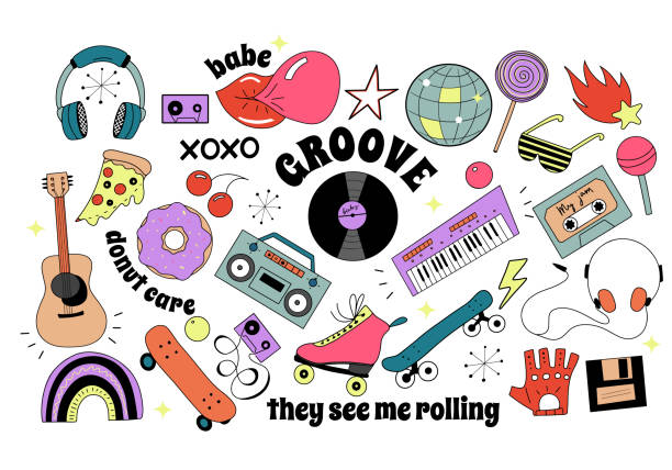 set von 80-90-s - chewing gum audio stock-grafiken, -clipart, -cartoons und -symbole