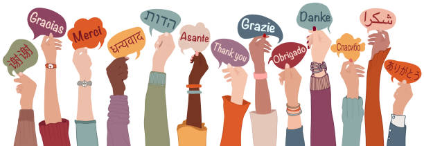 ilustrações de stock, clip art, desenhos animados e ícones de raised arms and hands of multi-ethnic people from different nations and continents holding speech bubbles with text -thank you- in various international languages.communication.equality - agradecimento