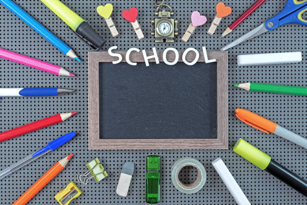 istock Various school supplies around a black chalk board with a frame. School concept. 1338092768