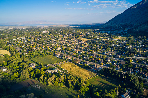 An aerial view of the Springville Mapleton area located approximately one hour south of Salt Lake City, Utah. USA.