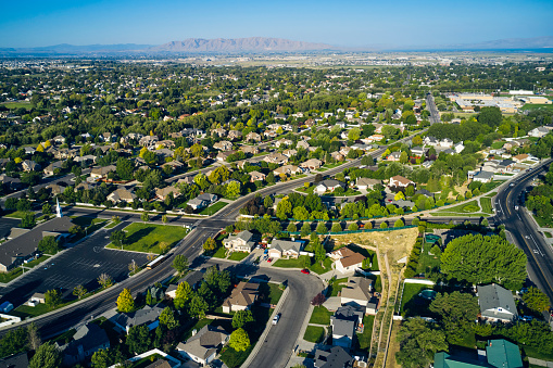 An aerial view of the Springville Mapleton area located approximately one hour south of Salt Lake City, Utah. USA.