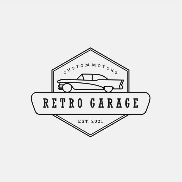 Retro Car logo template vector design element vintage style stock illustrationCar, Tire - Vehicle Part, Logo, Icon, Auto Repair Shop Vintage Retro car logo design. vintage or classic or retro badge emblem style car dealer icon stock illustrations