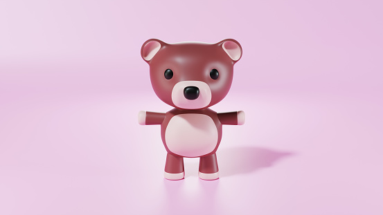 Representación en 3D del pequeño y lindo personaje de la muñeca del oso bebé de pie aislado sobre fondo rosa. Un gesto relajante de dibujos animados de oso animal. Diseño de ilustración vectorial. photo