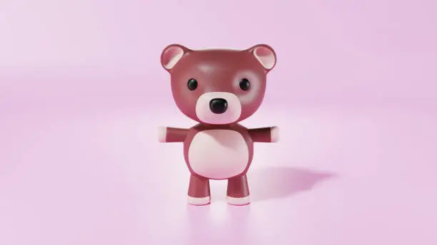 3d rendering little cute baby bear doll character stand on isolated on pink background. An animal bear cartoon relaxing gesture. Vector illustration design.