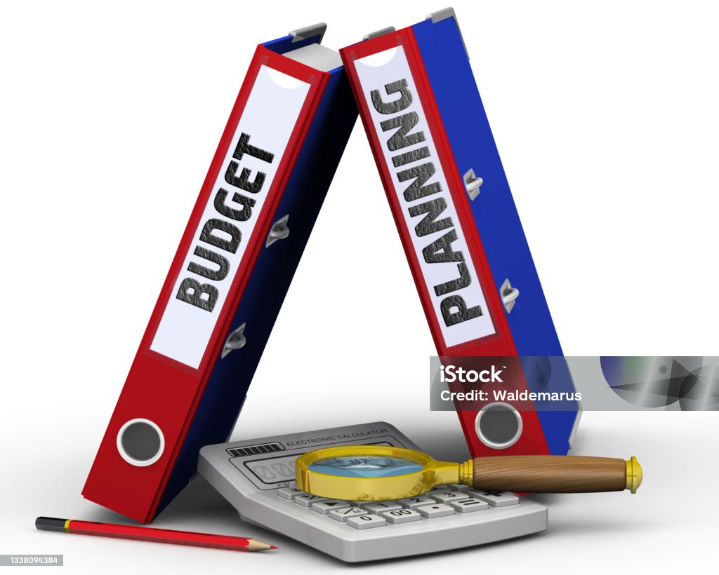 Budget planning Two binders with the words BUDGET PLANNING, an electronic calculator, a magnifying glass and a pencil on a white surface. 3D illustration Budget Stock Photo