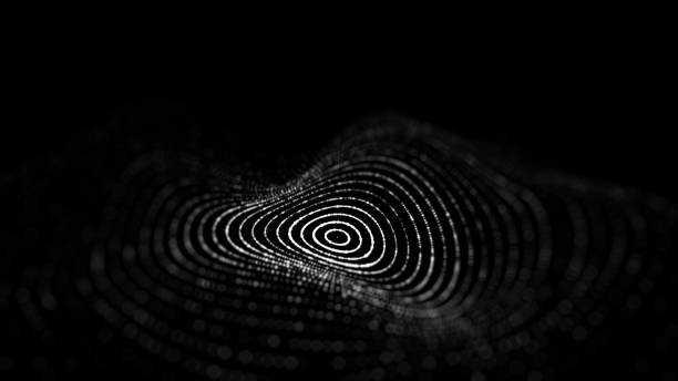 istock Futuristic wave. Dark cyberspace. Abstract music sound wave with dots. White moving particles on a black background. 3d rendering. 1338094398