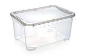 Clear plastic storage box on white background