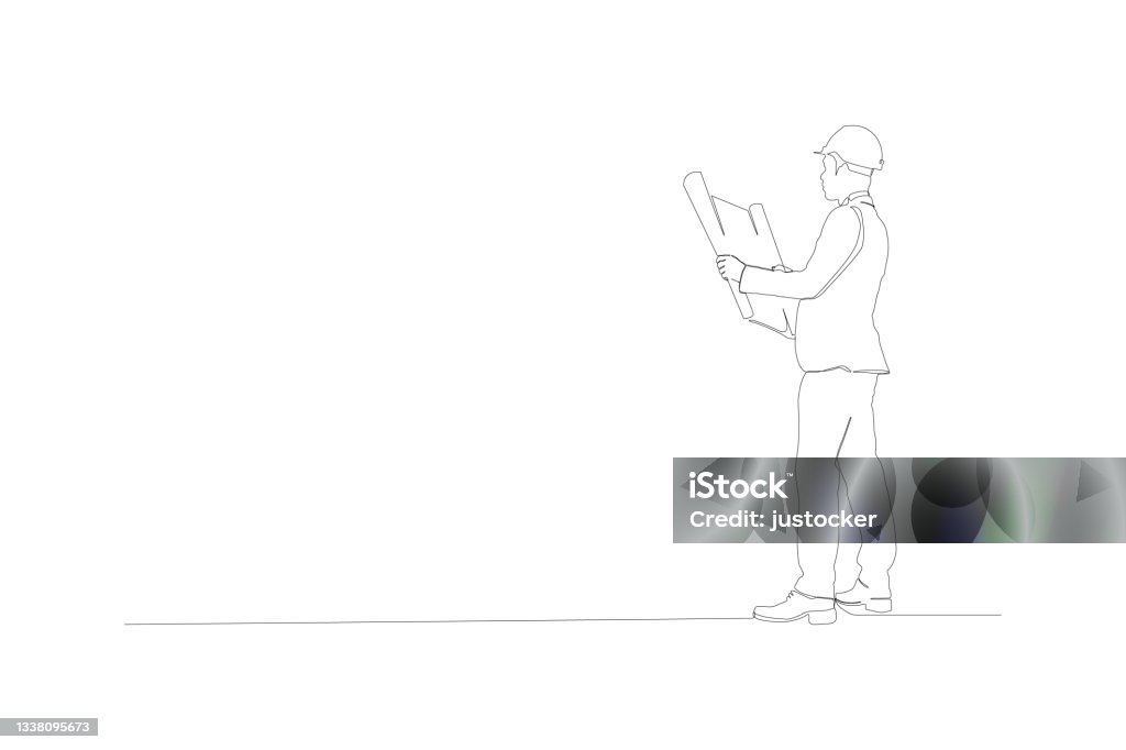 Continuous one line drawing design vector illustration of engineers man holding a blueprints on white background Engineer stock vector