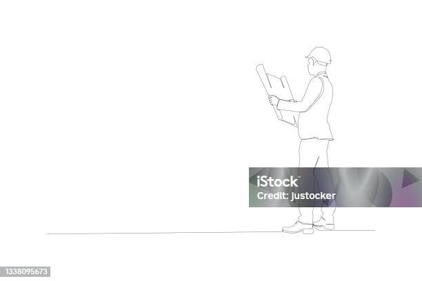 Continuous One Line Drawing Design Vector Illustration Of Engineers Man Holding A Blueprints On White Background Stock Illustration - Download Image Now
