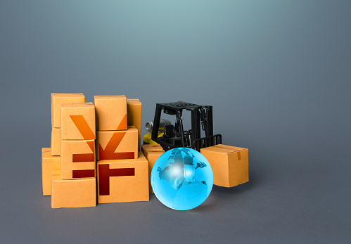 Forklift and boxes with Yen or Yuan symbol. Trade and transportation of goods. Warehousing logistics. Business industry. Economic zone. Business globalization. Import export.