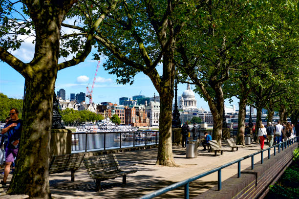 A view of pedestrians strolling along South Bank on the River Thames in London, England.  This is a favorite pastime for both residents and tourists alike.