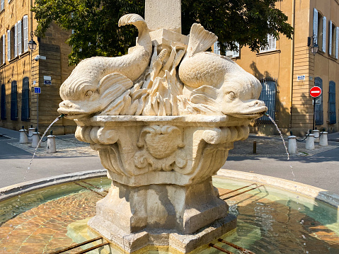Four dolphins fountain on the Place des Quatre-Dauphins, a square in Aix-en-Provence