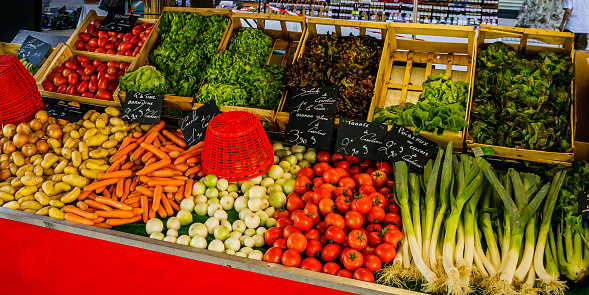 Vegetables stand on the food market of Aix en Provence, France