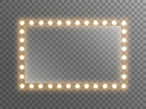 Makeup mirror with light. Dressing mirror with bright bulbs. Rectangle glass with reflection for poster, brochure or web. Illuminated frame on transparent backdrop. Vector illustration